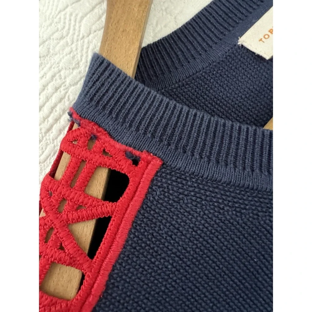 Tory Burch Knit Cotton Navy Blue Red Geo Cut Out Knit Yacht Top Blouse Coastal M